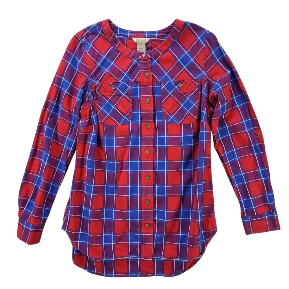 Duluth Trading Co Womens Small Plaid Button Down Shirt Red Blue Cotton